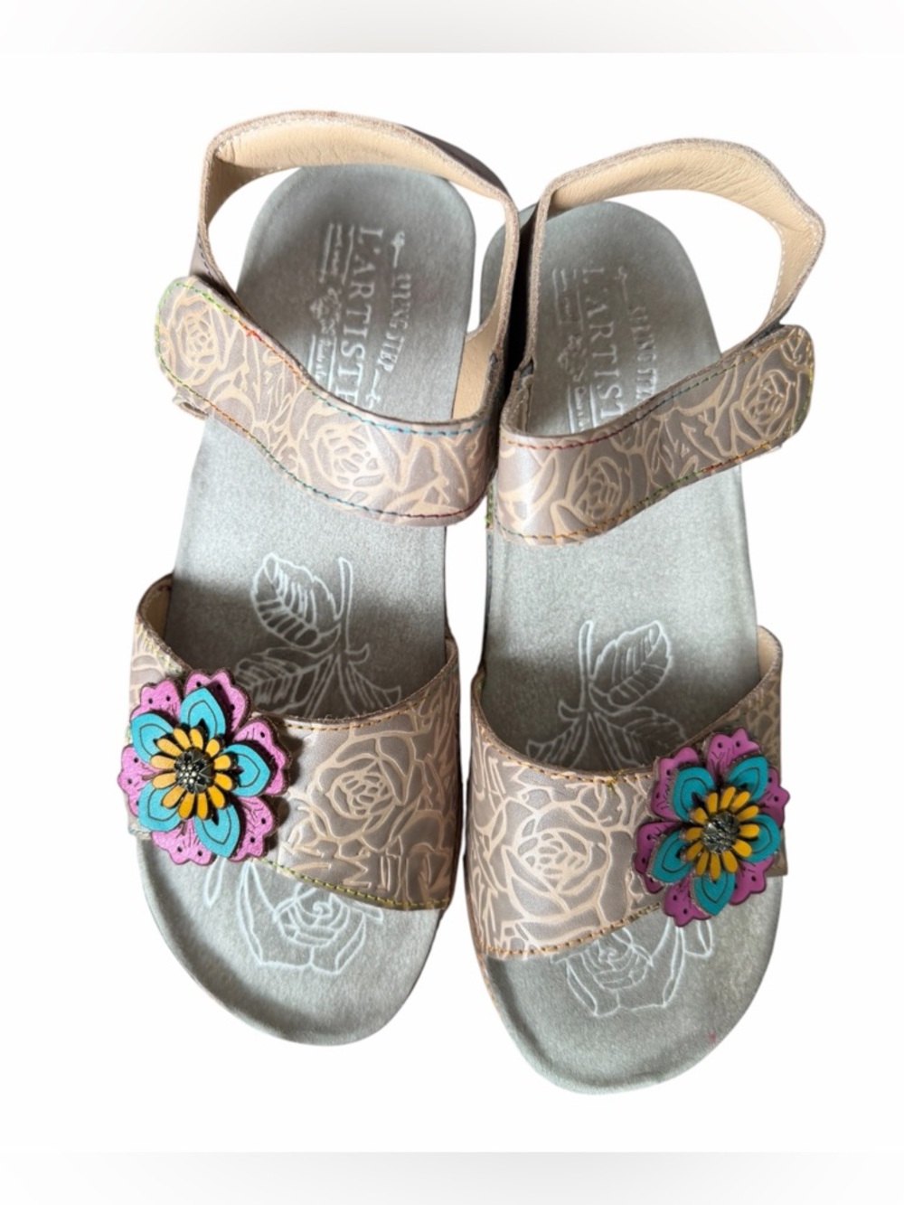 Women's Beige Wedge Sandals with Colorful Flower Accent - Picture 5 of 6